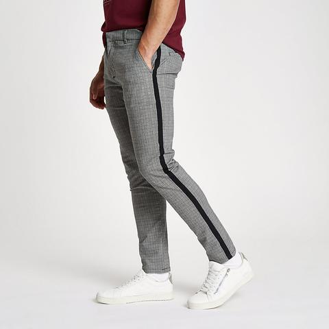 Grey Check Skinny Fit Tape Chino Trousers