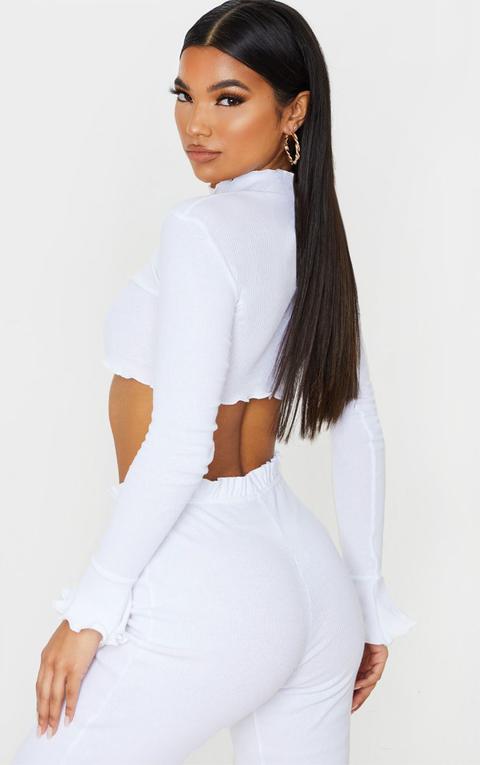 White Rib Frill Detail Long Sleeve Crop Top