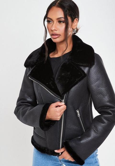 Black Faux Fur Lined Aviator Jacket, Black from Missguided on 21 Buttons