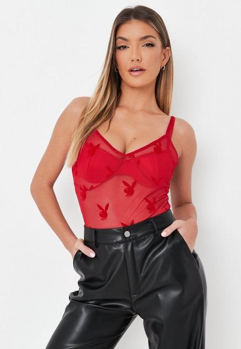 Playboy X Missguided Red Bunny Print Mesh Lingerie Bodysuit, Red