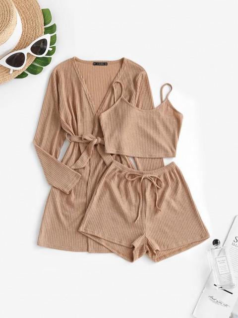 Set De Pijama De Punto Acanalado Con Robe Light Coffee