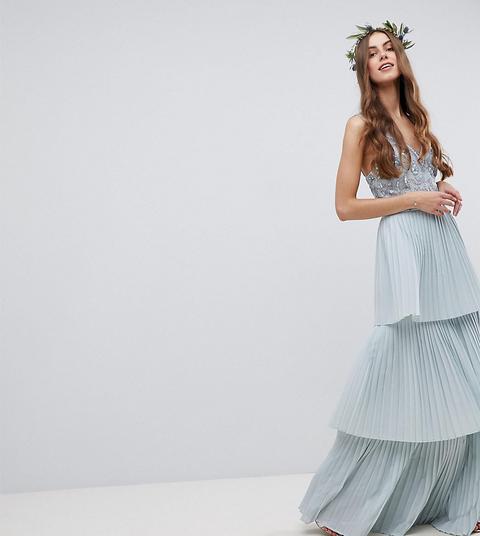 Vestido Largo De Dama De Honor Con Diseño Floral Con Lentejuelas En La Parte Superior Y Falda Plisada Con Volantes A Capas De Maya Tall