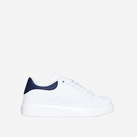 Burton Oversized Trainer With Navy Heel Tab In White Faux Leather, White