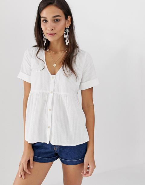 Asos Design Button Through Smock In Seersucker Sun Top-white