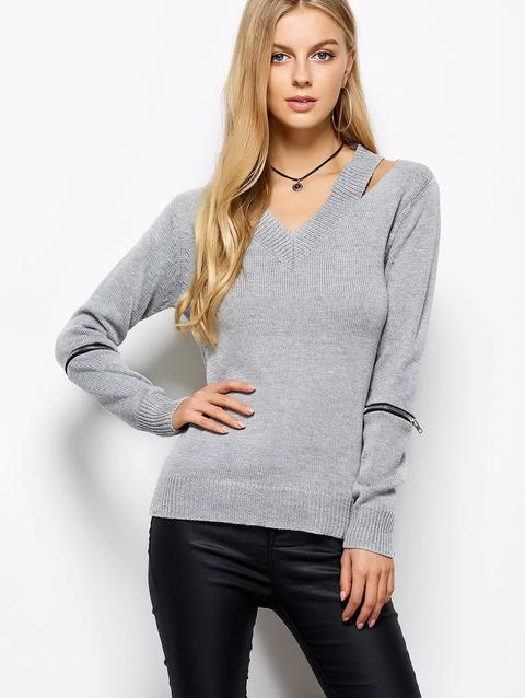 Zipper V Neck Sweater