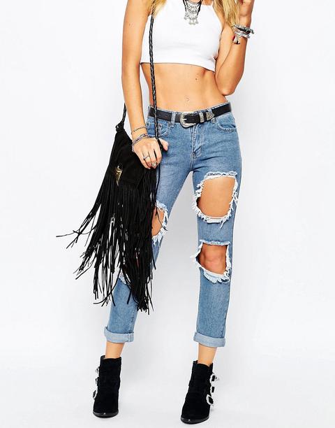 Boohoo - Boyfriend Jeans Slim Con Strappi - Blu