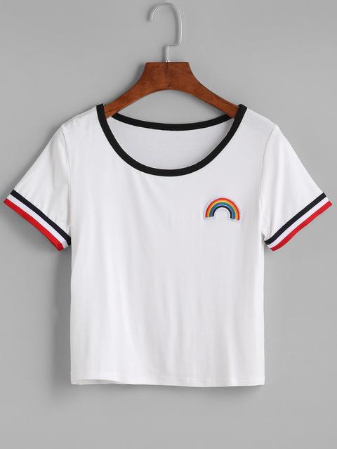 White Contrast Trim Rainbow Embroidered Patch T-shirt