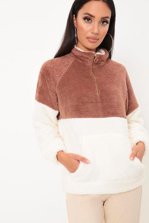 Brown & Cream Colourblock Fleece Jumper