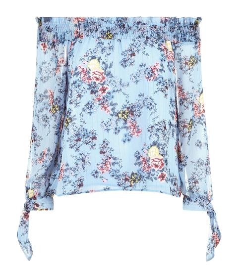 Petite Blue Floral Print Metallic Detail Bardot Neck Top