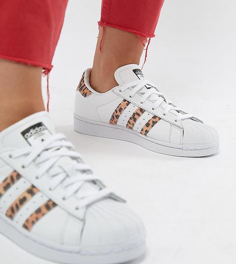 Adidas Originals Superstar Trainers With Leopard Print Trim