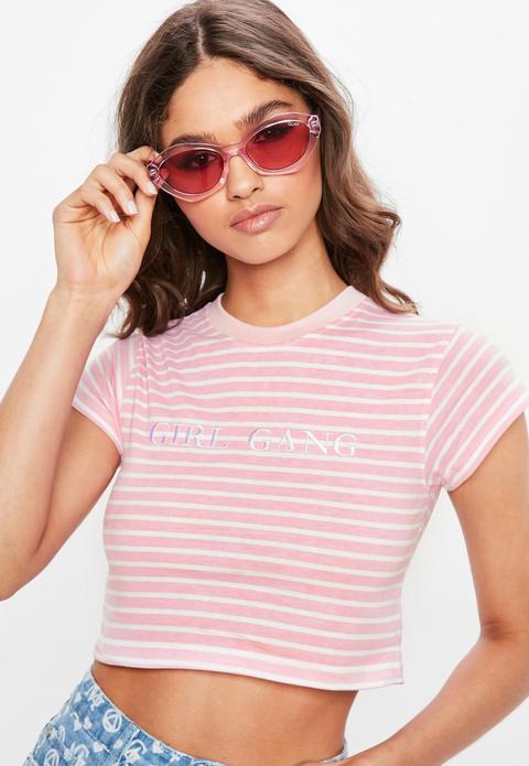 Pink Stripe Girl Gang Slogan Crop Top, Pink