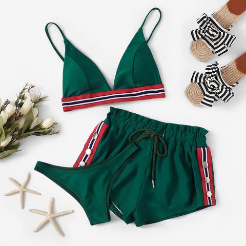 Set Bikini Con Bordo A Righe E Shorts 3 Pezzi