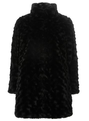 Womens Petite Black Faux Fur Swirl Coat- Black, Black