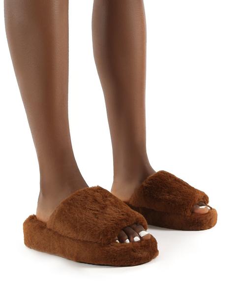 Snoozie Tan Faux Fur Chunky Platform Sole Sliders