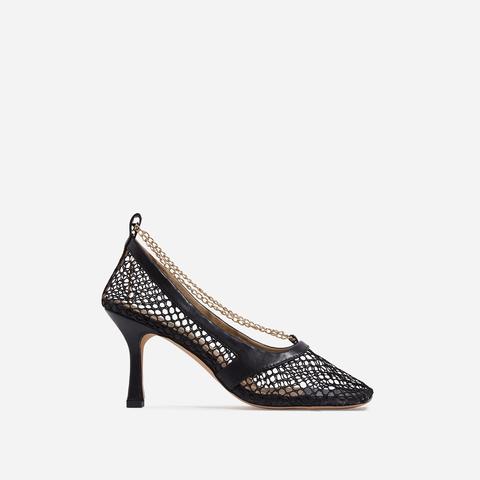 Montag Chain Detail Square Toe Fishnet Court Kitten Heel In Black Faux Leather, Black