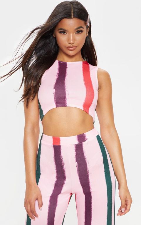 Light Pink Multi Thick Stripe Curve Hem Crop Top