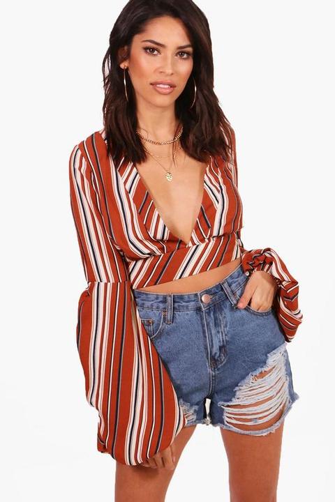 Daisy Stripe Plunge Woven Balloon Sleeve Top