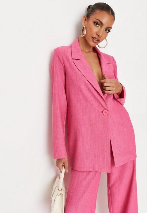 Hot Pink Linen Look Oversized Blazer, Pink