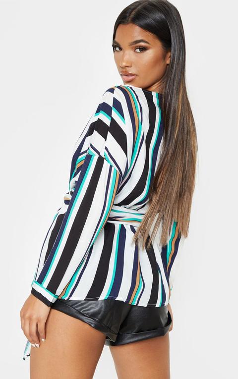 Navy Bold Stripe Tie Waist Blouse, Blue