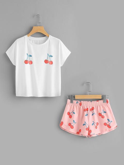 Cherry Print Tee And Shorts Set