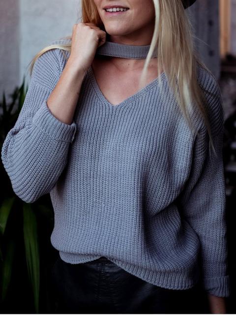 V Neck Ribbed Choker Sweater