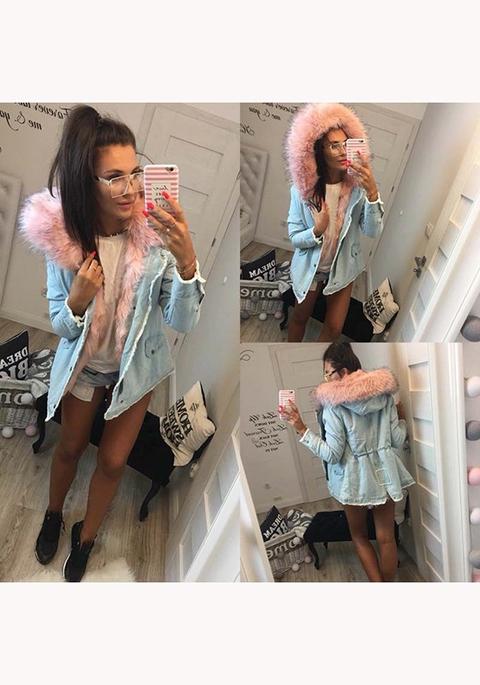Pink Single Breasted Fur Hooded Zipper Long Sleeve Fashion Coat