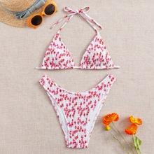 Bañador Bikini Triangular Smocked Con Estampado De Flor