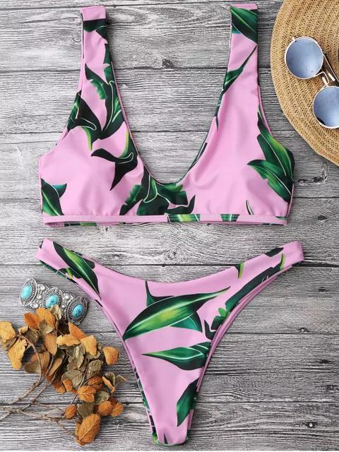 Leaf Print Pullover Scoop Bikini Set