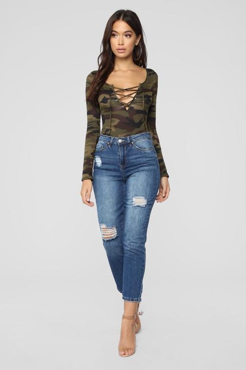 Inevitable Camo Long Sleeve Lace Up Bodysuit - Camouflage from Fashion ...