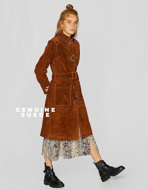 Trench Lungo In Pelle Cammello Scuro