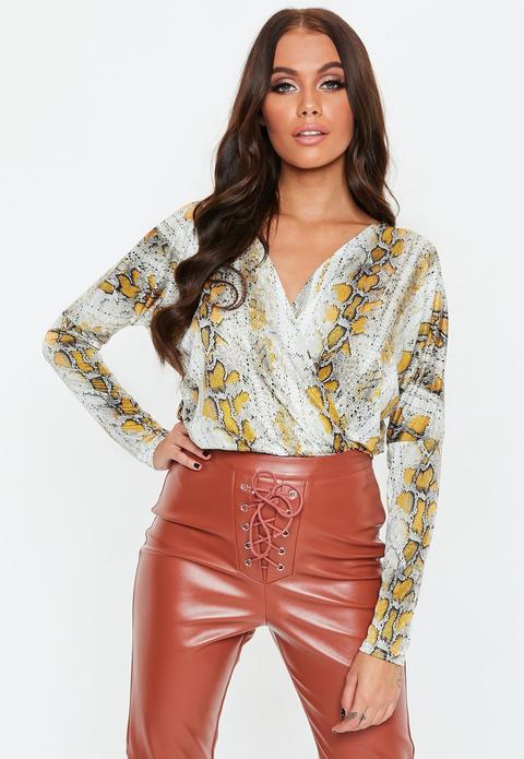 Snake Print Wrap Blouse Bodysuit, Camel