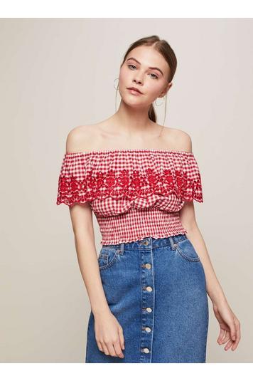 Womens Red Embroidered Shirred Gingham Check Bardot Top, Red