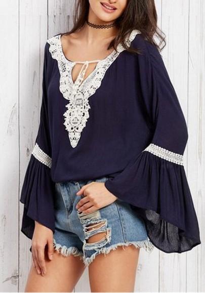 Blue Patchwork Lace Long Sleeve Loose Fashion Blouse