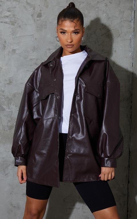 Chocolate Pu Pocket Front Oversized Shacket