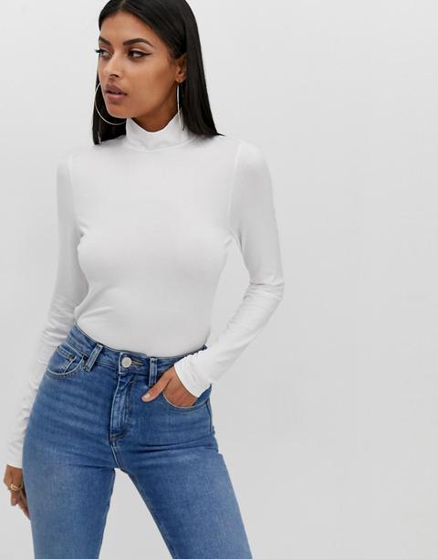 Asos Design Turtle Neck Long Sleeve Top In White
