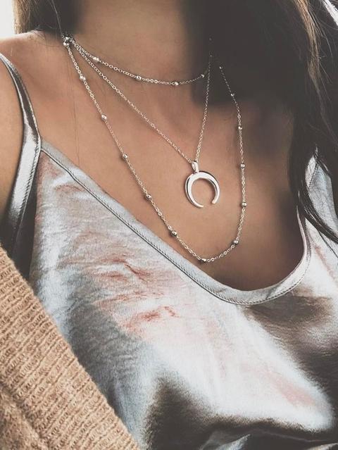 Moon Pendant Layered Chain Necklace