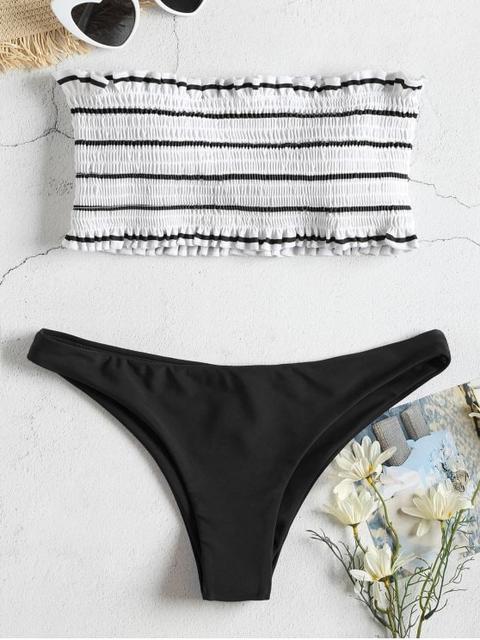 Bikini De Bandeau Con Estampado De Rayas Zaful Black