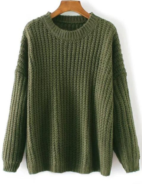 Army Green Round Neck Drop Shoulder Sweater