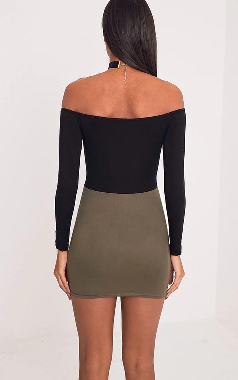 Miyana Khaki Contrast Bardot Bodycon Dress