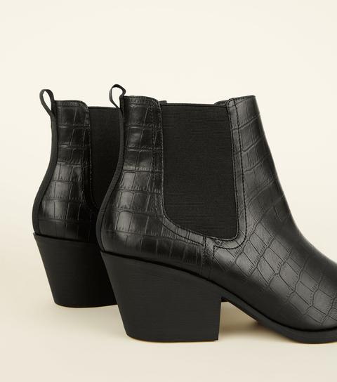 Black Faux Croc Western Chelsea Boots New Look