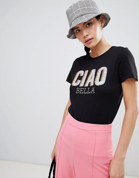 New Look - T-shirt Con Scritta Ciao Bella Con Paillettes - Nero