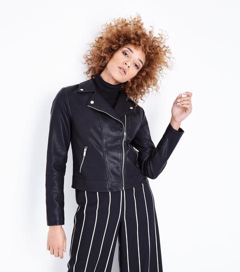 Black Leather-look Cropped Biker Jacket New Look