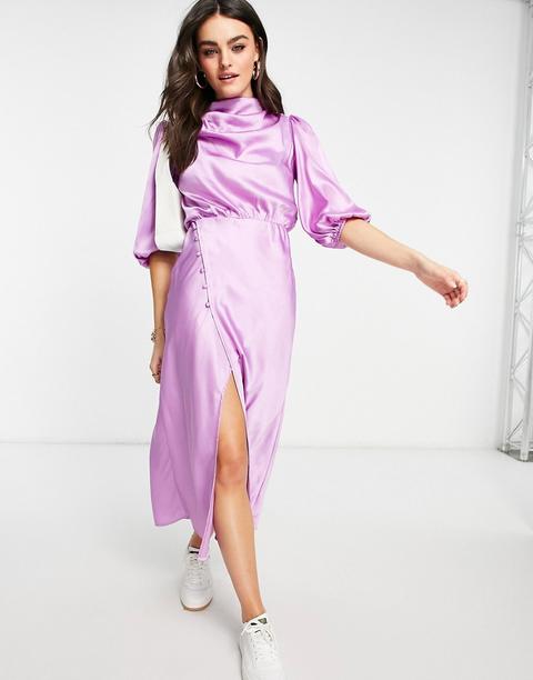 Vestido De Tarde Midi Lila Con Mangas Abullonadas, Cuello Desbocado Y Detalle Plisado De Satén De Asos Design-violeta