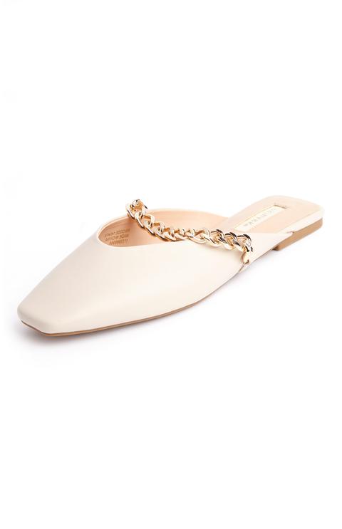 Cream Square Pointed Toe Chain Mules