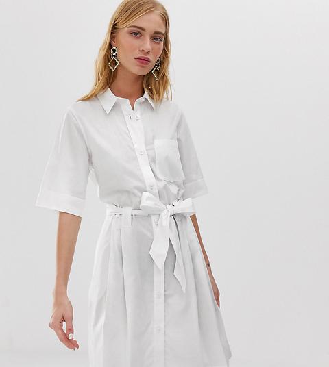 Monki Tie Waist Shirt Dress In White