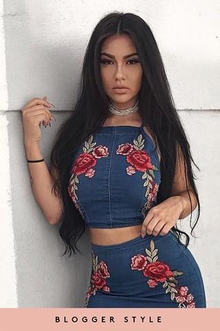 Poppy Denim Floral Embroidered Crop Top