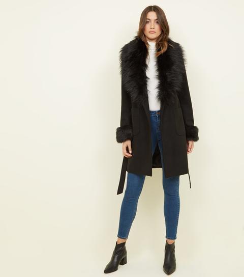 black detachable faux fur trim coat