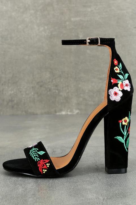 Suri Black Embroidered Ankle Strap Heels