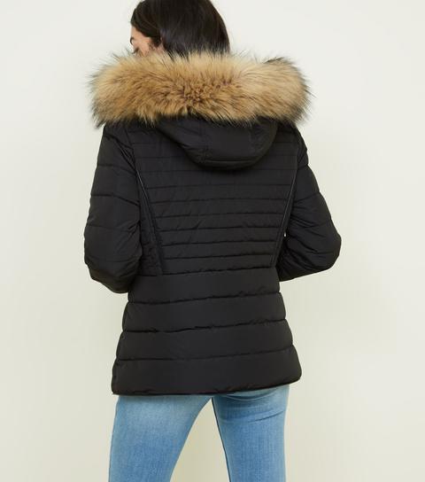 black faux fur trim hooded puffer coat