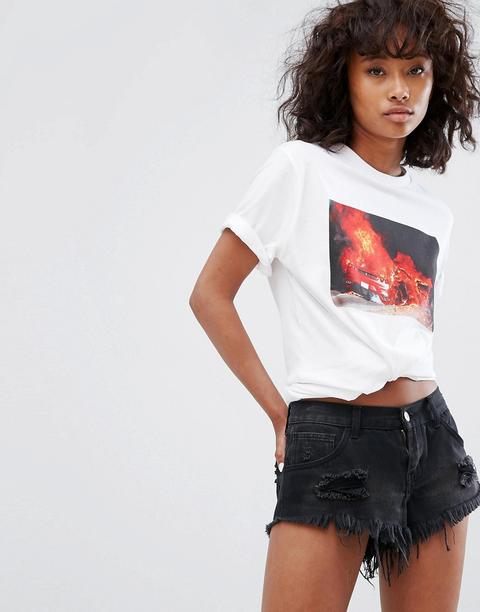 Wasted Paris - T-shirt Boyfriend Con Stampa Fotografica Di Incendio - Bianco